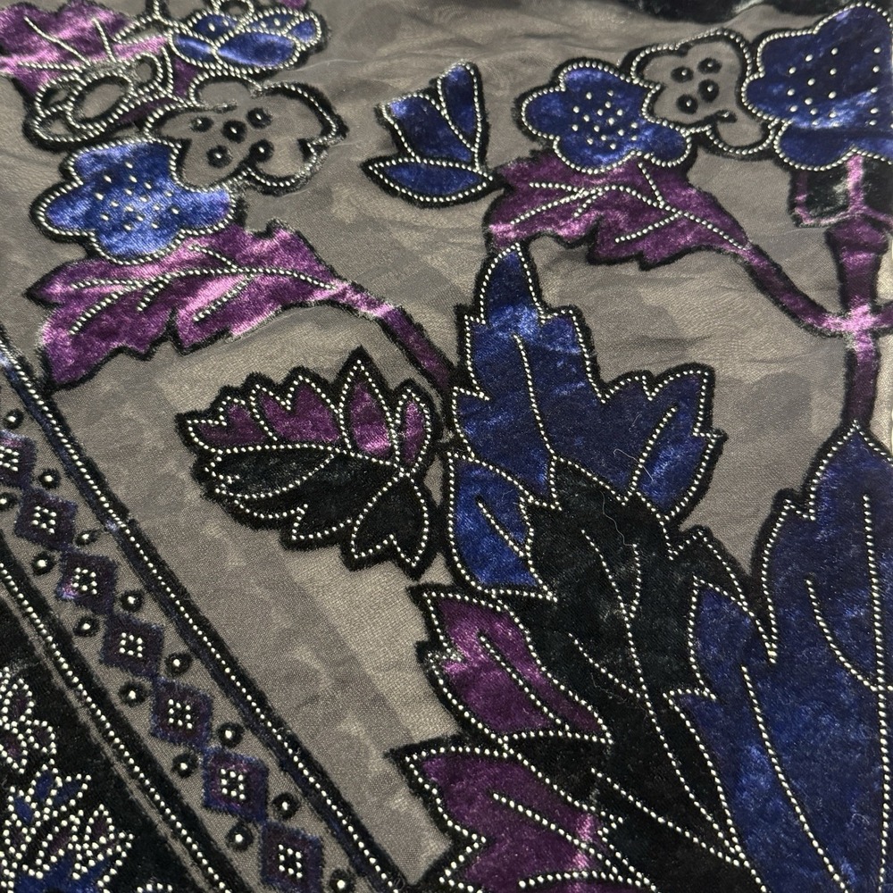 Vintage Black/Blue/Pink Burnout Velvet Triangle Fringe Piano Shawl Scarf Wrap - Picture 5 of 6